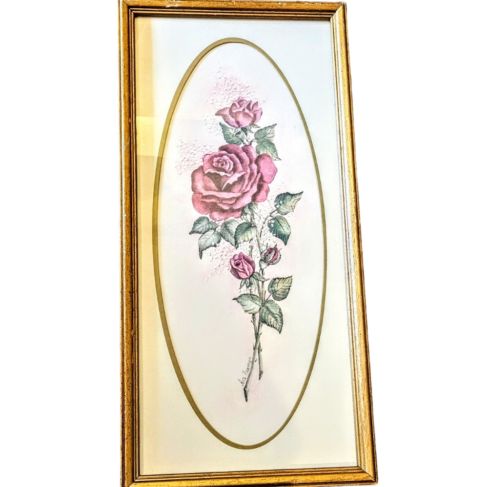 Vintage Ava Freeman Framed Art Print Roses 21x10 in Yard Long
